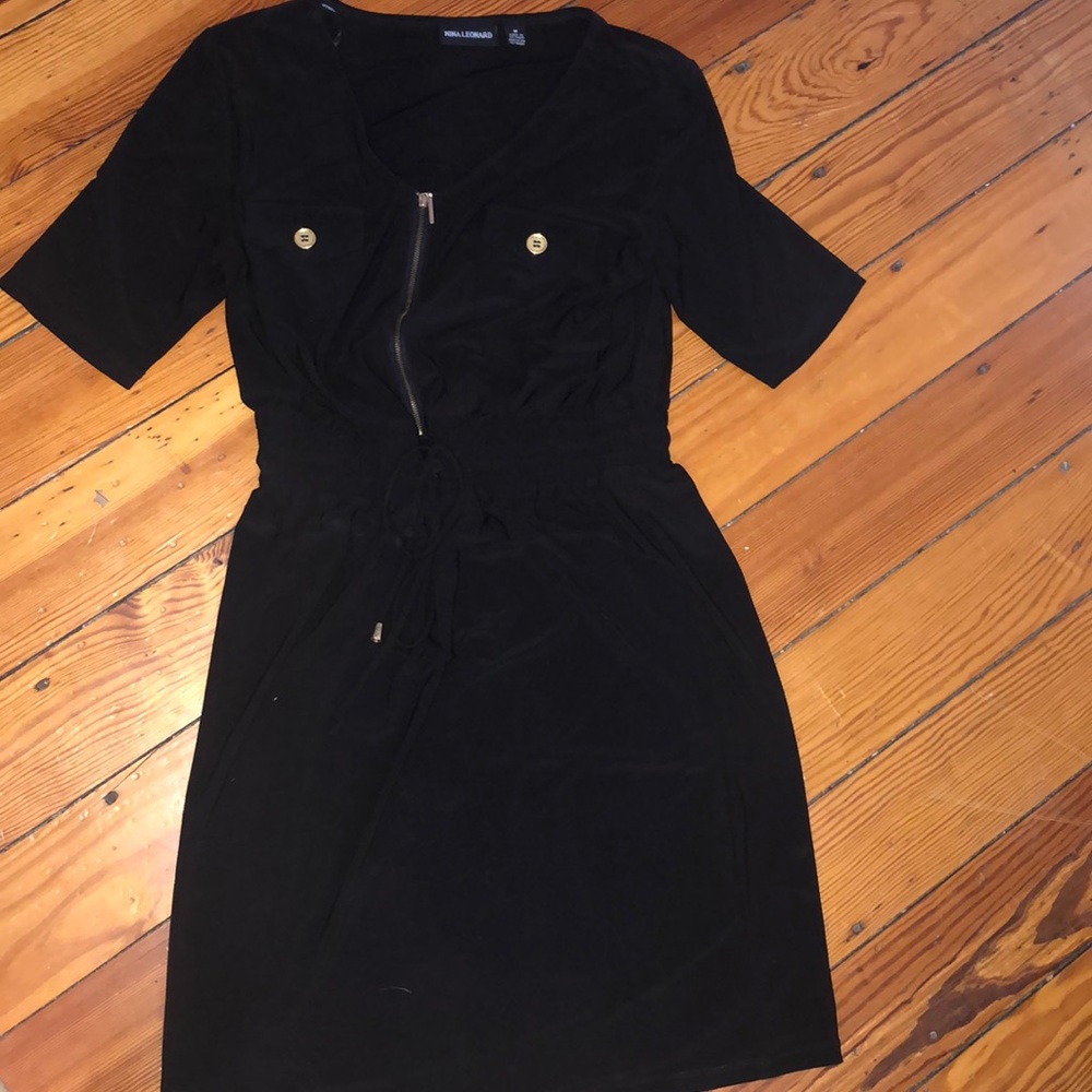 Nina Leonard black dress w belt and gold hardware